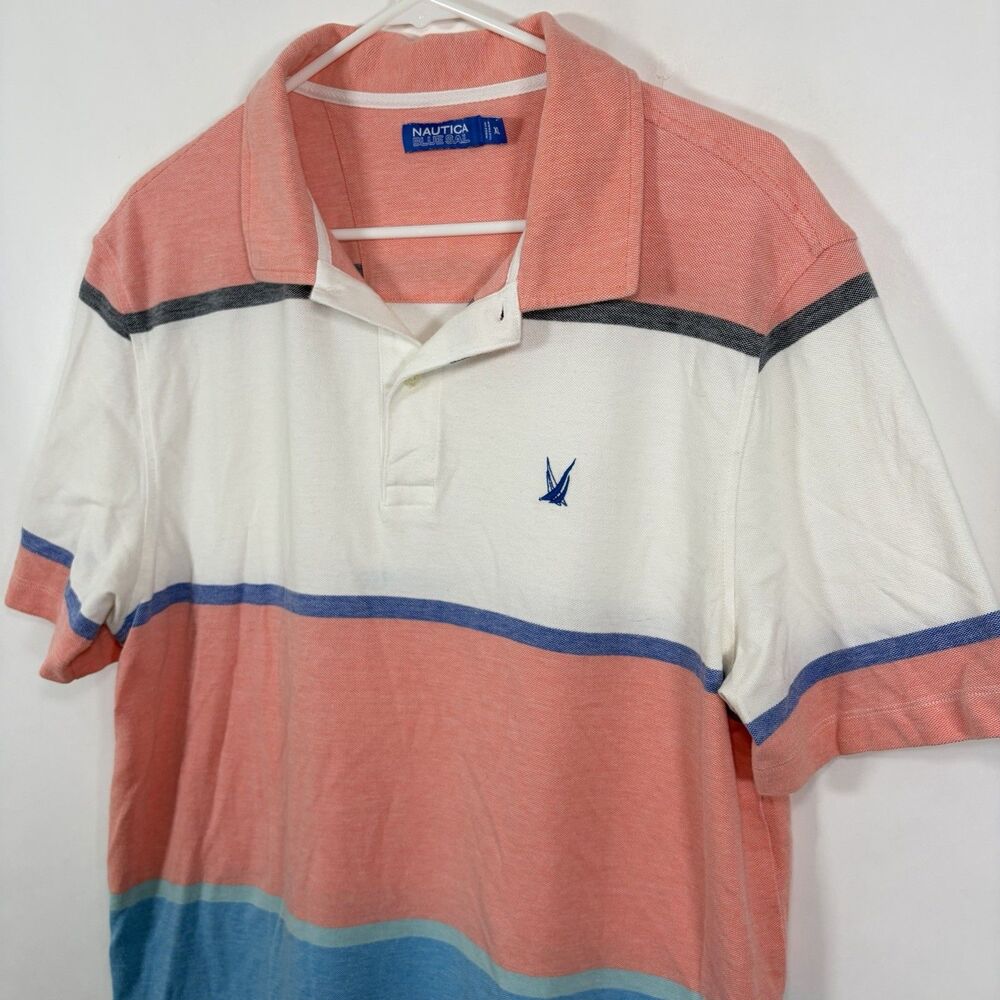 Nautica Blue Sail Polo Shirt Mens Size XL Pink Blue White Colorblock Slim Fit